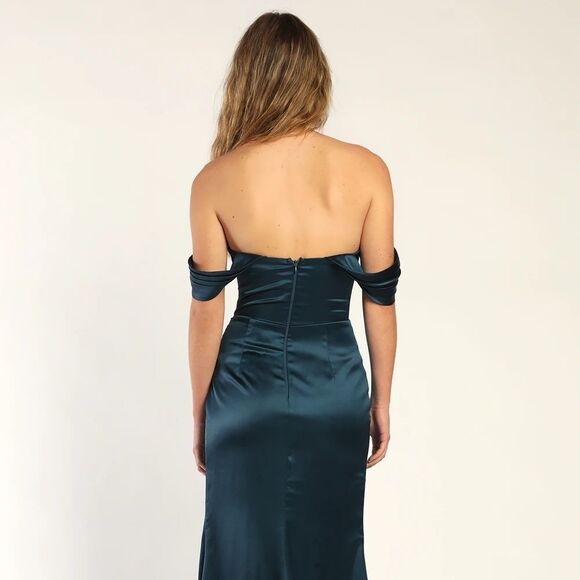 Lulus Stunning Arrival Dark Teal Satin Off-The-Shoulder Maxi Dress Sz. Large NEW - Picture 8 of 16